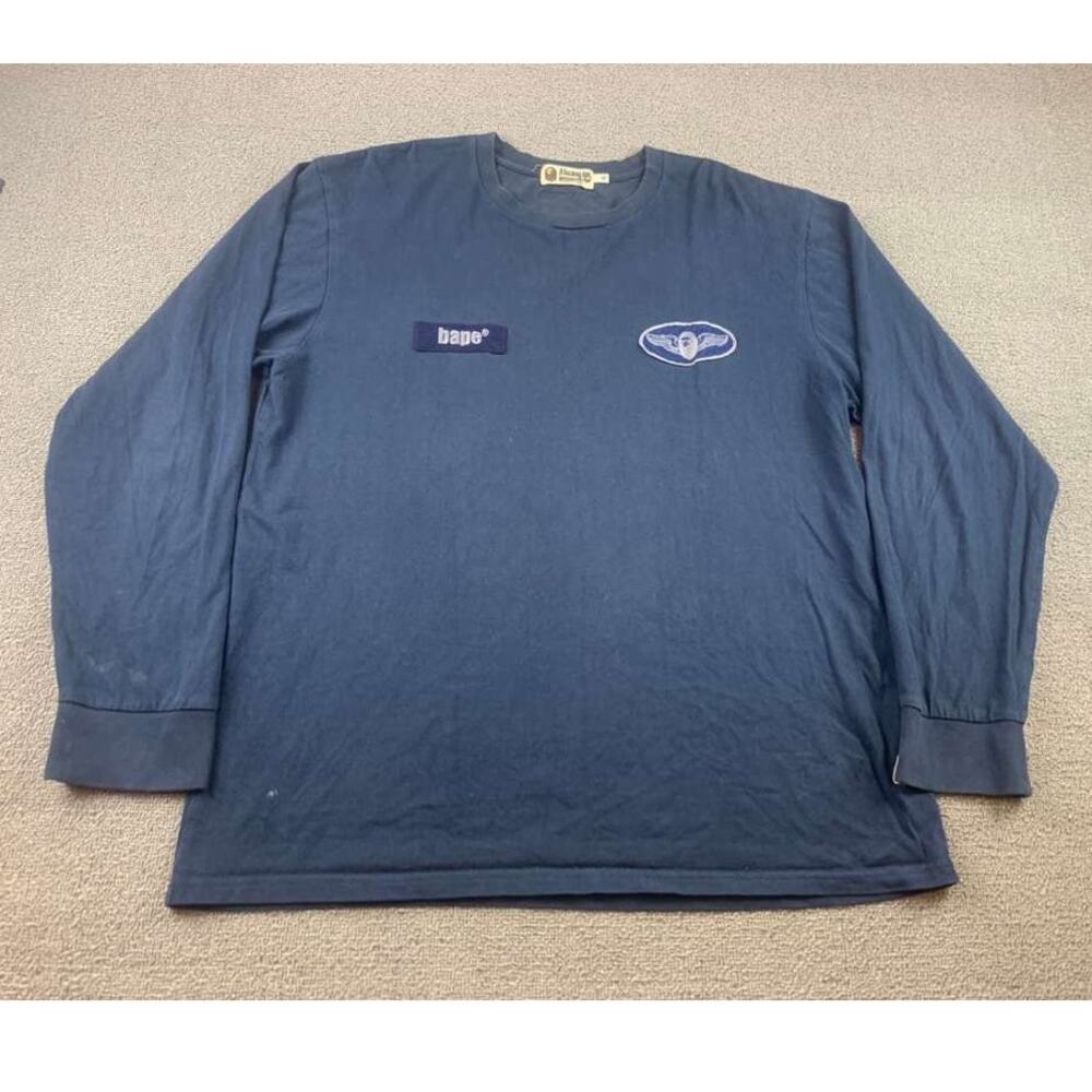 A Bathing Ape Long Sleeve T Shirt Men XL Navy Chest Logo Patch‎ Tag Streetwear
